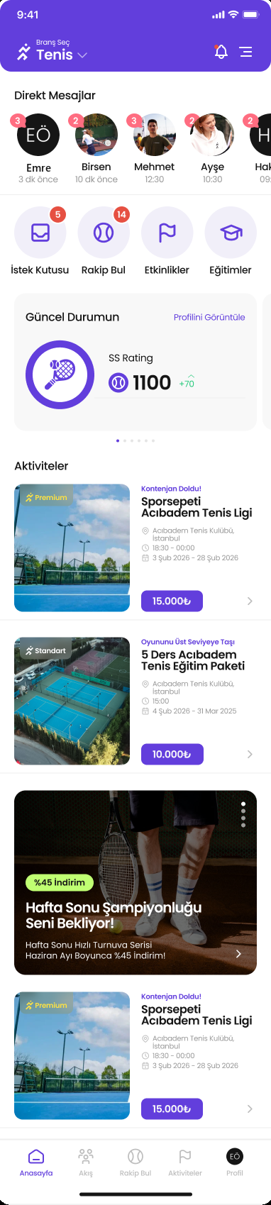 Uygulamanın ana ekranında listelenen tenis ligi ve eğitim etkinlikleri